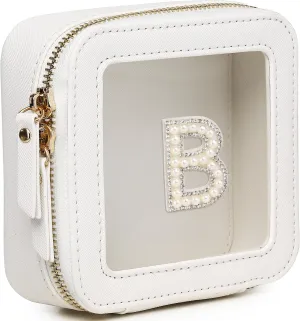 Clear Mini Makeup Bag Personalized Initial Cosmetic Bag Small Makeup Case & Toiletry Bag Birthday Gift for Women (B, Mini/White)