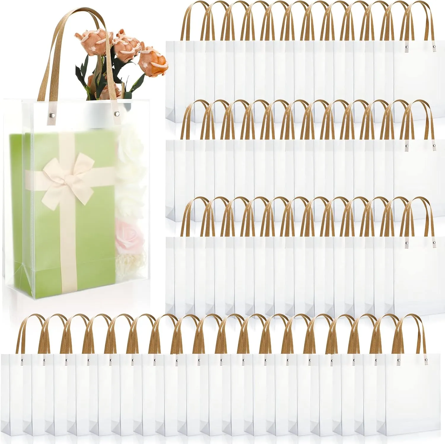 Clear Plastic Gift Bags with Handle, Transparent Reusable Tote Boutique Bags Gift Wrap for Wedding, Retail, 10 x 8 x 3 Inch(60 Pcs)