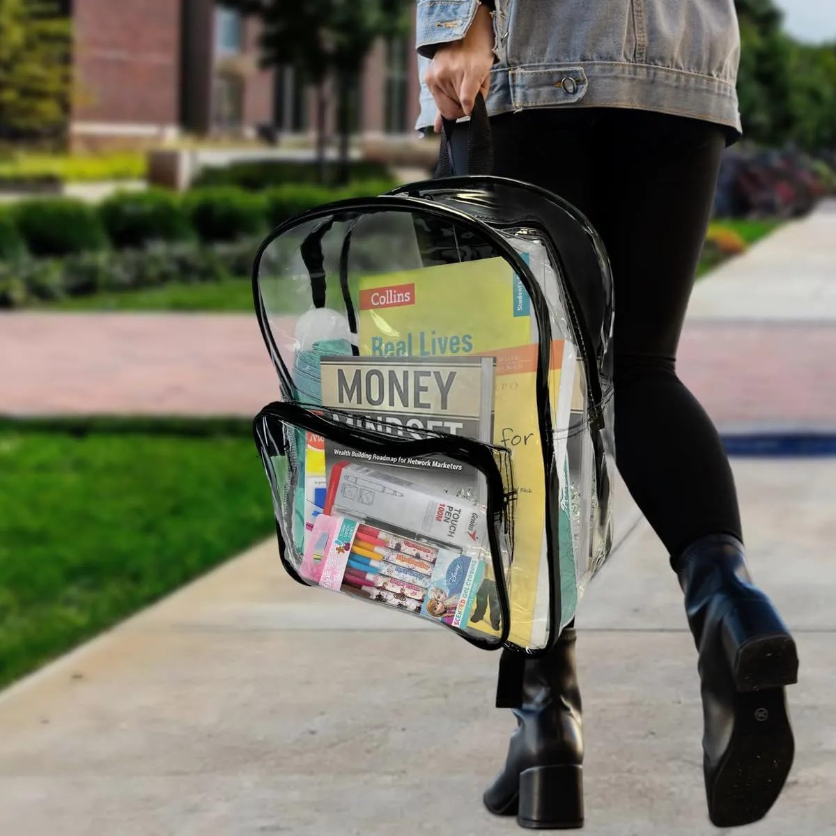 Clear PVC Heavy Duty Backpack | Transparent Design, Stadium Approved (Black)
