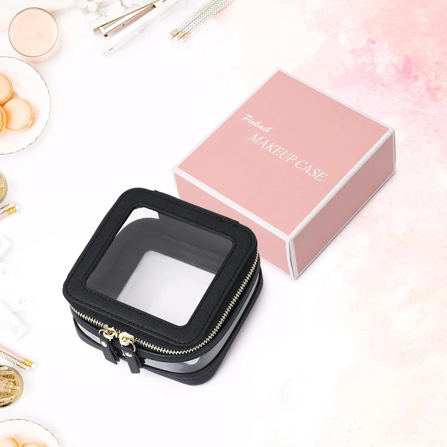 Clear Small Makeup Bag Mini Cosmetic Makeup Case & Toiletry Bag with Zipper,Cute Purse Organizer,Car Essentials for Women (Black, MINI-2)