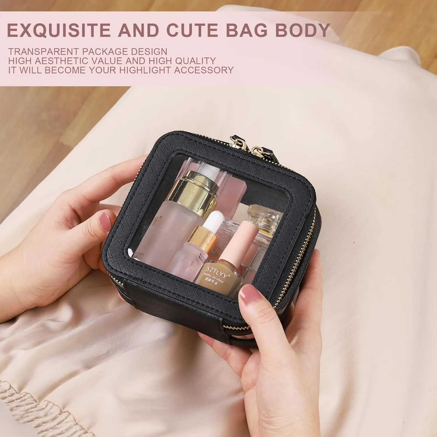 Clear Small Makeup Bag Mini Cosmetic Makeup Case & Toiletry Bag with Zipper,Cute Purse Organizer,Car Essentials for Women (Black, MINI-2)
