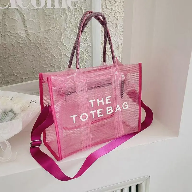 Clear Tote Bag for Women, Transparent Crossbody Lunch Bag Large Mesh Beach Bag for Sports Travel Stadium