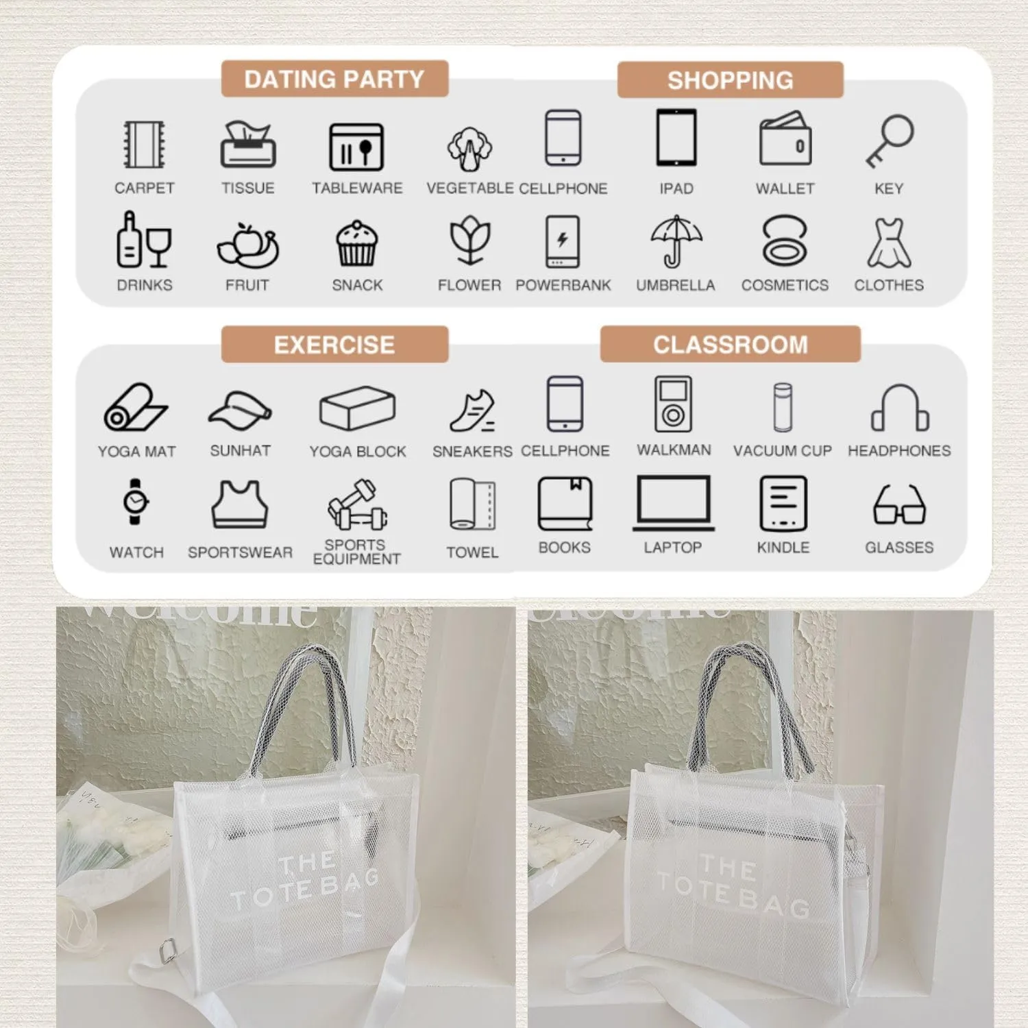 Clear Tote Bag for Women, Transparent Crossbody Lunch Bag Large Mesh Beach Bag for Sports Travel Stadium
