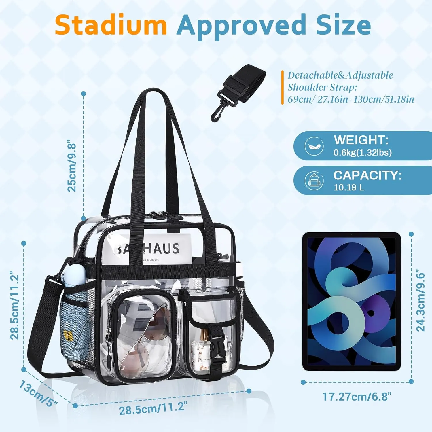 Clear Tote Bag, PVC 12x 12x6 in Clear Bag for Stadium Events for Women Men Water Resistant Heavy Duty Transparent Bag