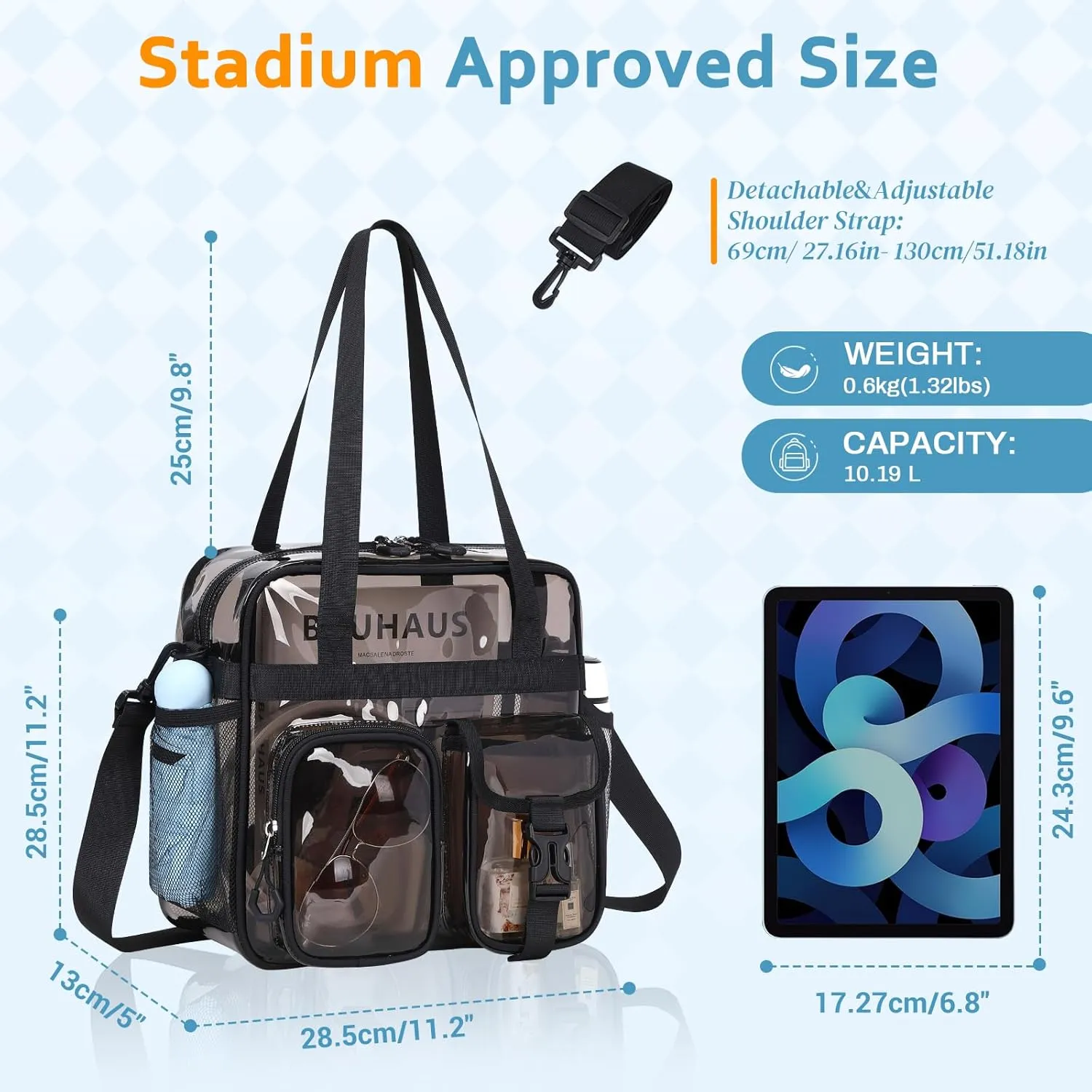 Clear Tote Bag, PVC 12x 12x6 in Clear Bag for Stadium Events for Women Men Water Resistant Heavy Duty Transparent Bag