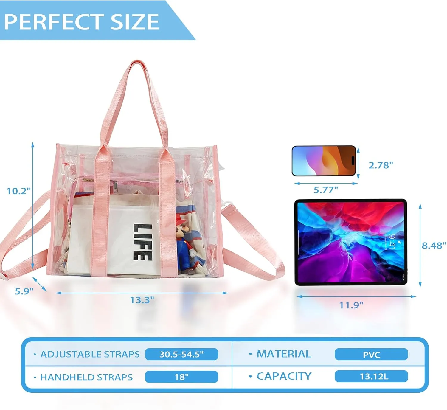 Clear Tote Bags Stadium Approved, Heavy Duty Travel Bags, Large Sports Shoulder Pack for Work,Competition