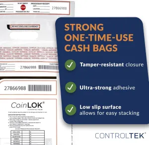 CoinLOK Tamper-Evident 2-Handle Coin Deposit Bags, Special VPC Blended Film, 50lb capacity, Tear-off Receipt Large Video-visual Barcodes, 14.5% Clear 50 Bags