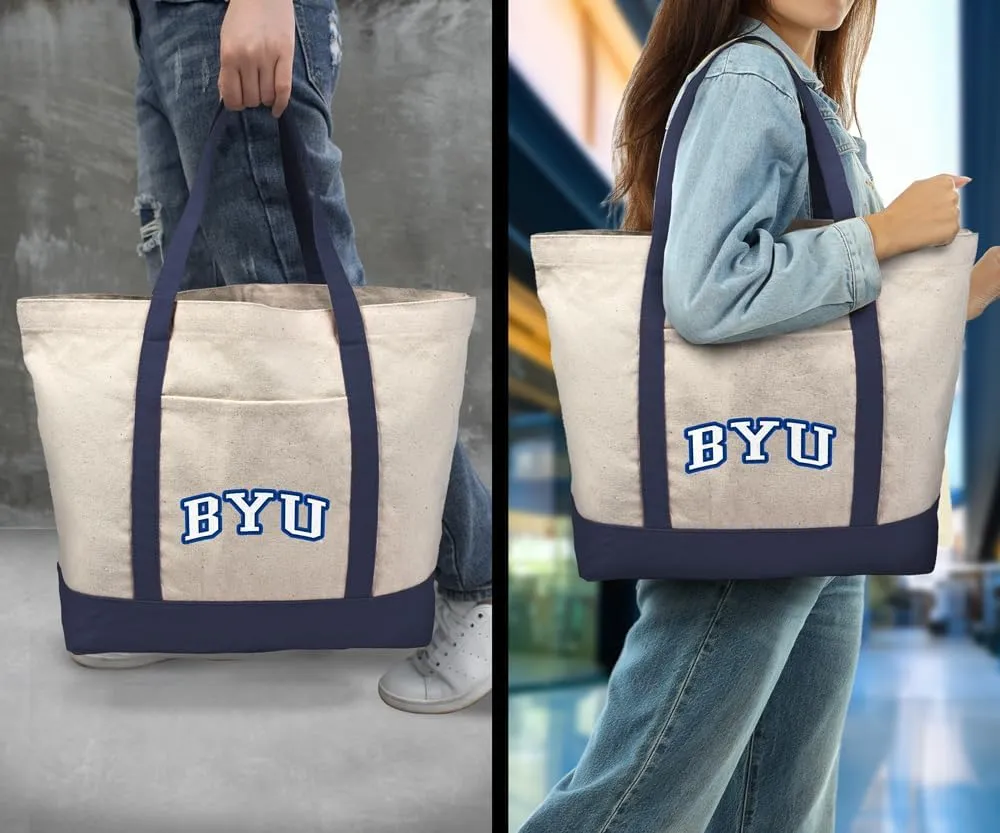 Collegiate Distressed School Name Canvas Tote Bag With External Pocket, Reusable Shoulder Bag for Shopping, Beach