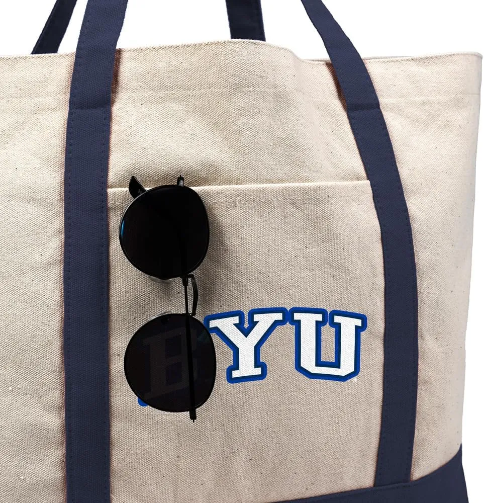 Collegiate Distressed School Name Canvas Tote Bag With External Pocket, Reusable Shoulder Bag for Shopping, Beach