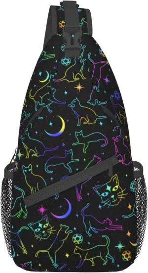 Colorful Cat Sling Bag, Crossbody Sling Backpack Multi Pockets Shoulder Chest Bag for Men Women Outdoor Casual One Size