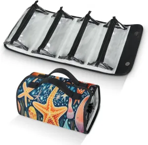 Colorful Ocean Starfish Travel Toiletry Bag Cosmetic Bag Organizer Foldable Waterproof Makeup Bags with 4 PVC Pouches Clear Travel Organizer Bags for Luggage Business Trip