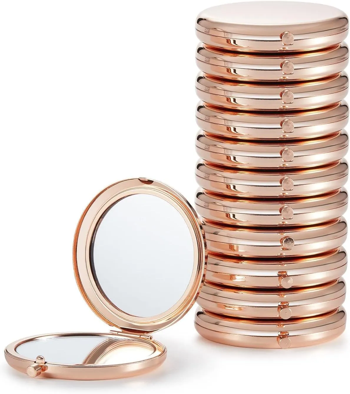 Compact Mirror Bulk, Pack of 12 Double-Sided 1X/2X Magnifying Metal Makeup Mirrors(Round, Rose Gold)