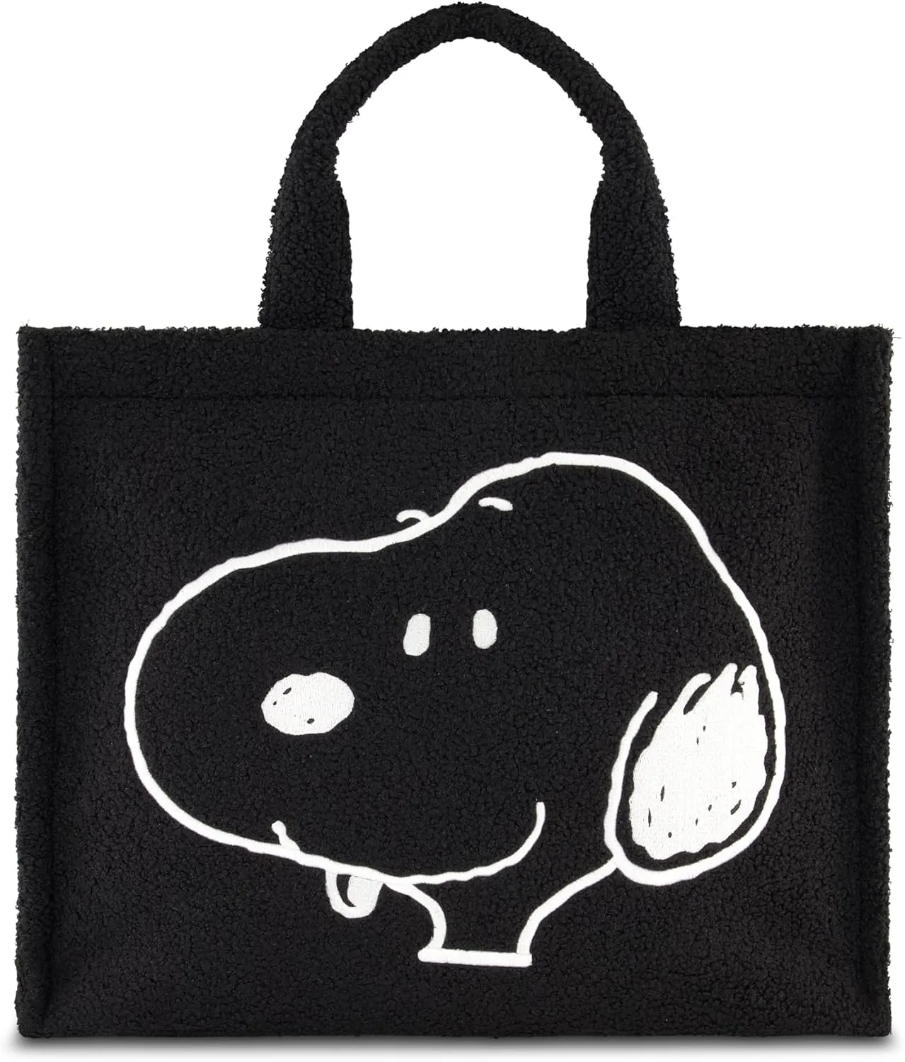 Concept One Peanuts Snoopy Tote Bag, Faux Fur Travel Handbag with Adjustable Shoulder Strap and Trolley Sleeve, Black