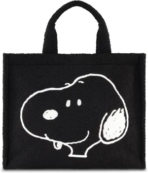 Concept One Peanuts Snoopy Tote Bag, Faux Fur Travel Handbag with Adjustable Shoulder Strap and Trolley Sleeve, Black