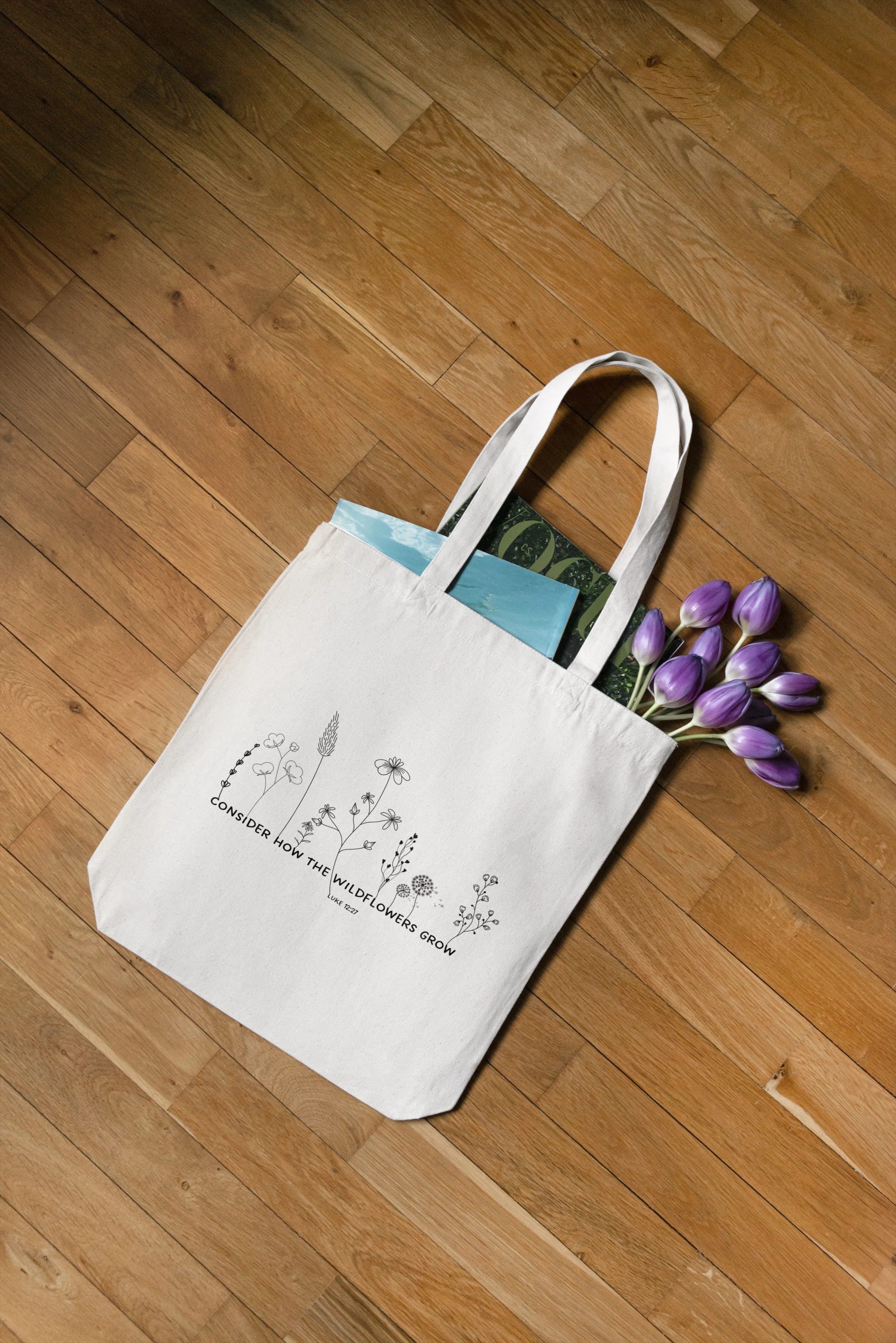 Consider how the wildflowers grow Cotton Linen Tote Bag | Christian Tote Bag | Luke 12:27 Bible Verse Cotton Bag