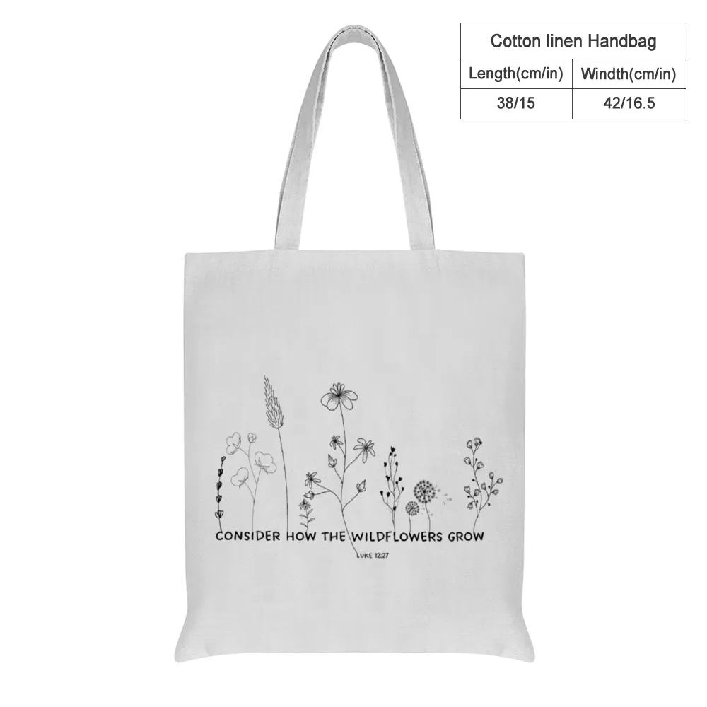 Consider how the wildflowers grow Cotton Linen Tote Bag | Christian Tote Bag | Luke 12:27 Bible Verse Cotton Bag