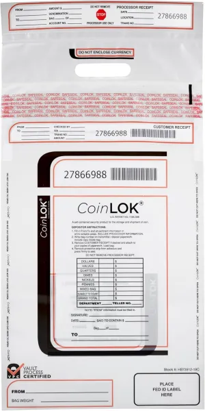 ControlTek CoinLok 12" x 24.5", Clear, 50 Bags, Tamper Resistant Coin Bag, Cash Register Money Bag for Bank Deposit, Security Bags Hold Up To 50lbs of Coins 585100