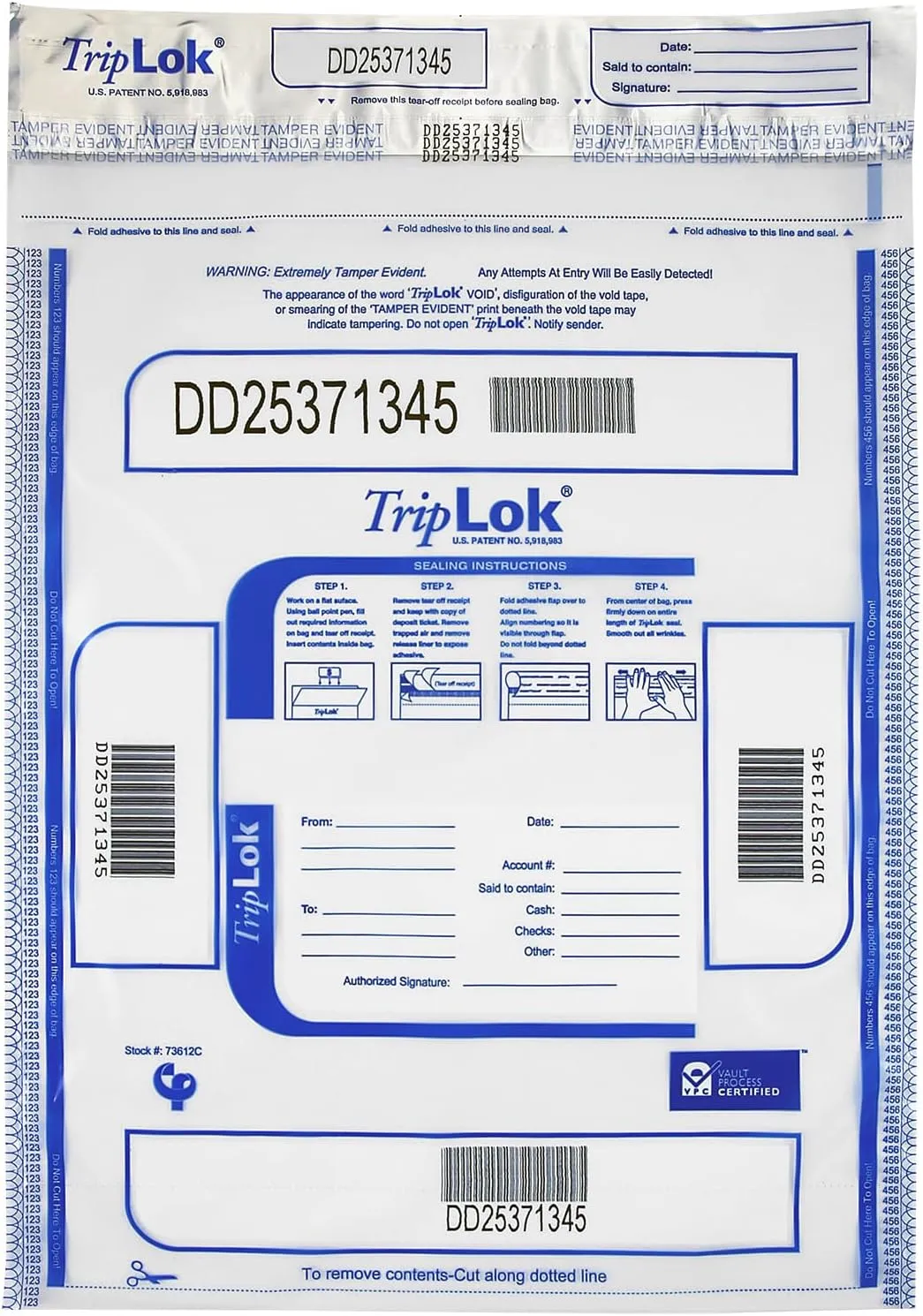 ControlTek TripLok 12" x 16", Clear, 100 Bags, Tamper-Evident Deposit Bags for Cash Handling & Valuables, Moisture, Heat and Cold Sensitive Ink, Tear-off receipt   Large Barcodes 585040