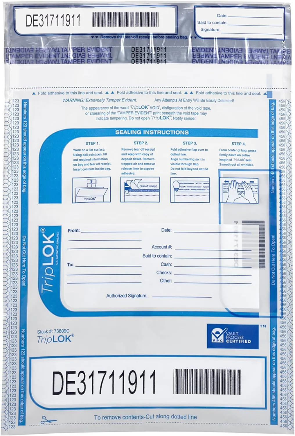 ControlTek TripLok 9" x 12", Clear, 100 Bags, Tamper-Evident Deposit Bags for Cash Handling & Valuables, Moisture, Heat and Cold Sensitive Ink, Tear-off receipt   Large Barcodes 585028