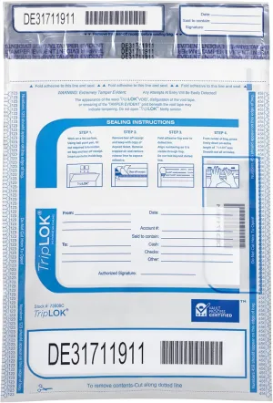 ControlTek TripLok 9" x 12", Clear, 100 Bags, Tamper-Evident Deposit Bags for Cash Handling & Valuables, Moisture, Heat and Cold Sensitive Ink, Tear-off receipt   Large Barcodes 585028