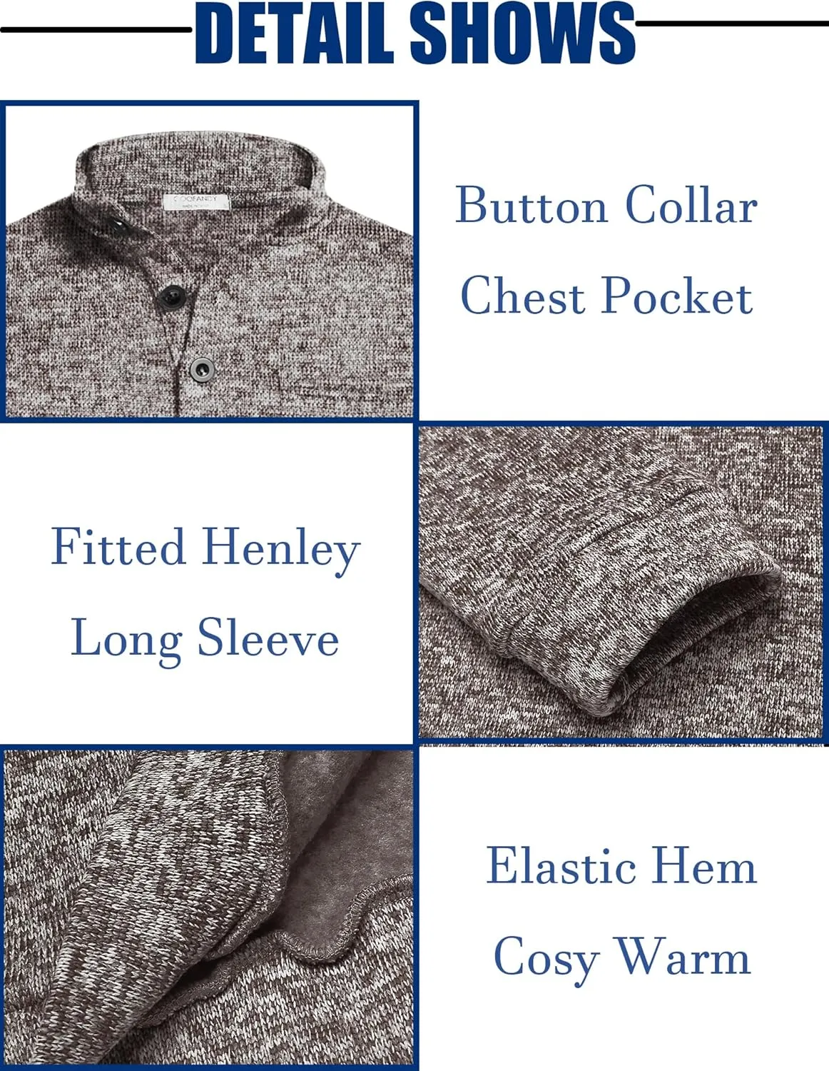 COOFANDY Men's Casual Henley Pullover Sweatshirt Thermal Fleece Slim Fit Sweater
