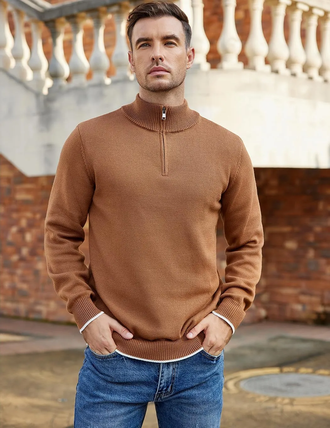 COOFANDY Men's Quarter Zip Up Pullover Slim Fit Lightweight Mock Neck Long Sleeve Sweaters