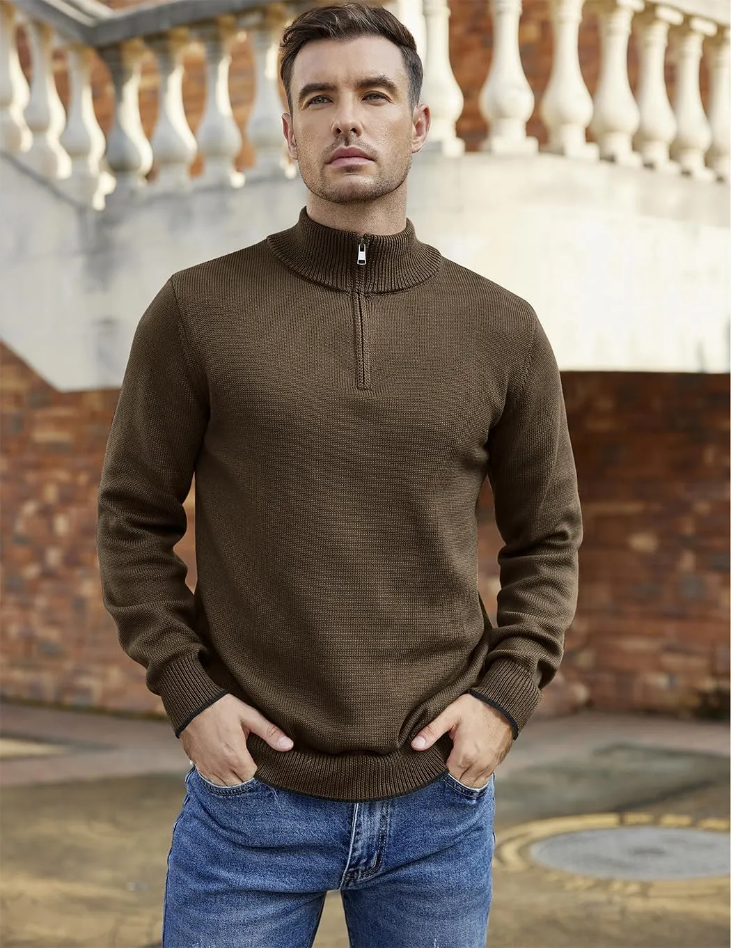 COOFANDY Men's Quarter Zip Up Pullover Slim Fit Lightweight Mock Neck Long Sleeve Sweaters