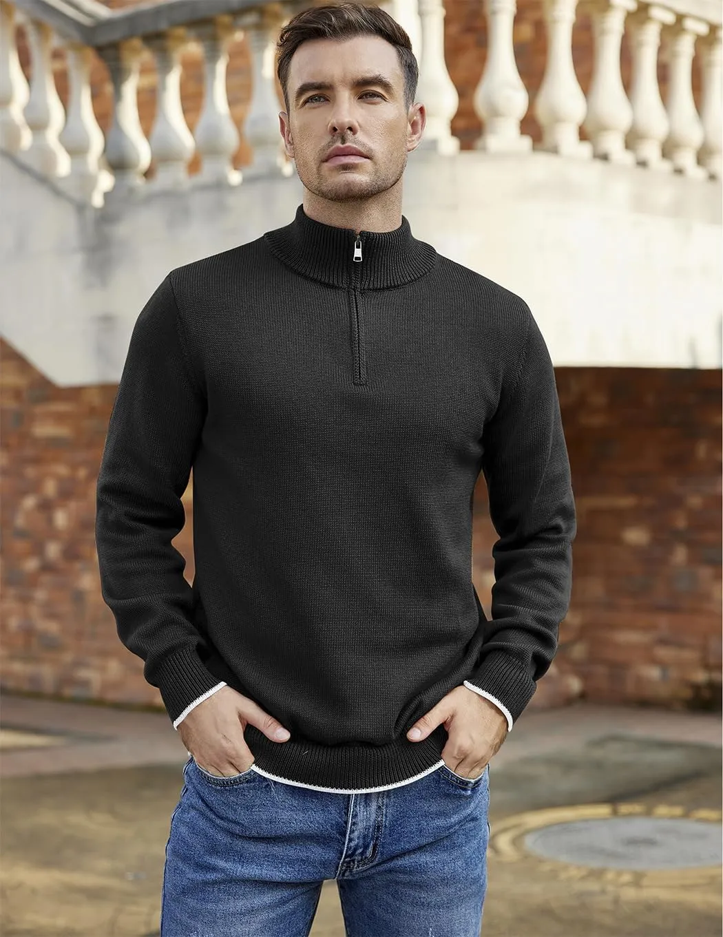 COOFANDY Men's Quarter Zip Up Pullover Slim Fit Lightweight Mock Neck Long Sleeve Sweaters