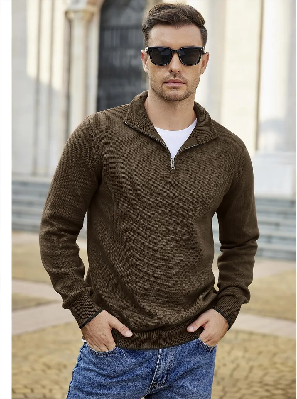 COOFANDY Men's Quarter Zip Up Pullover Slim Fit Lightweight Mock Neck Long Sleeve Sweaters