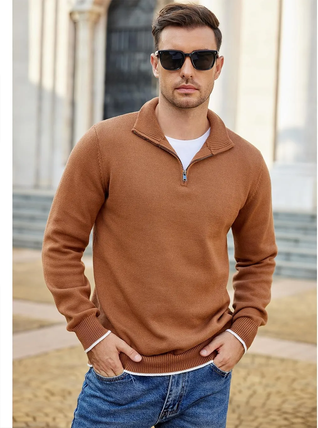 COOFANDY Men's Quarter Zip Up Pullover Slim Fit Lightweight Mock Neck Long Sleeve Sweaters