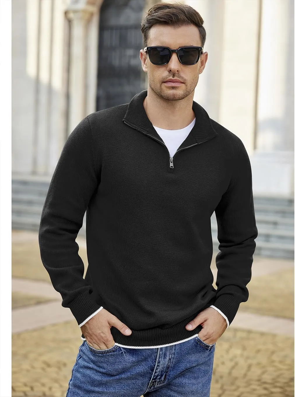 COOFANDY Men's Quarter Zip Up Pullover Slim Fit Lightweight Mock Neck Long Sleeve Sweaters