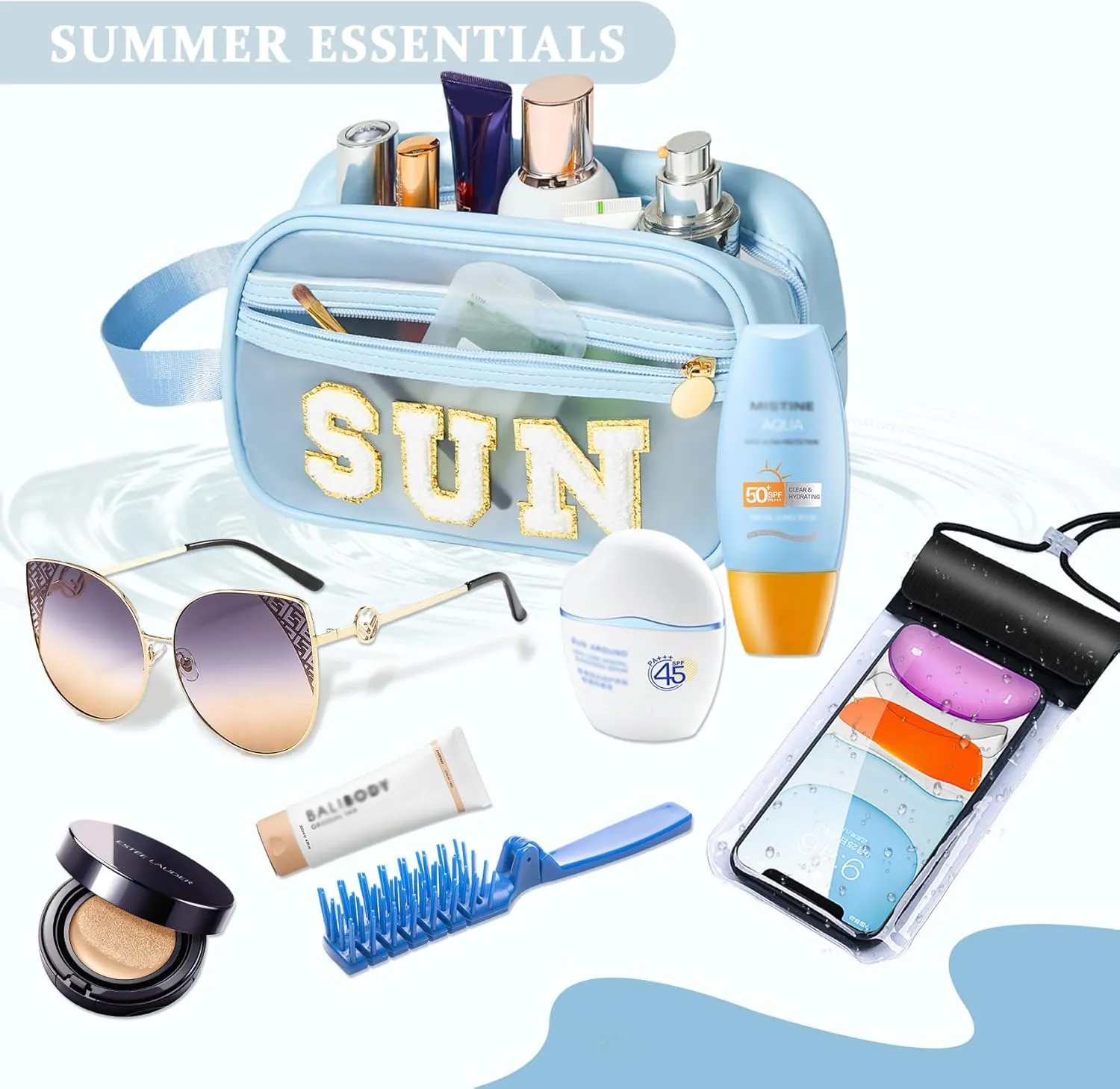 COSHAYSOO Clear Sunscreen Bag Makeup Toiletries Pouch Beach Vacation Essentials Summer Travel Stuff Accessories Personalized Graduation Gifts for Her Women College Teen Girls Teacher Nurse Blue SUN