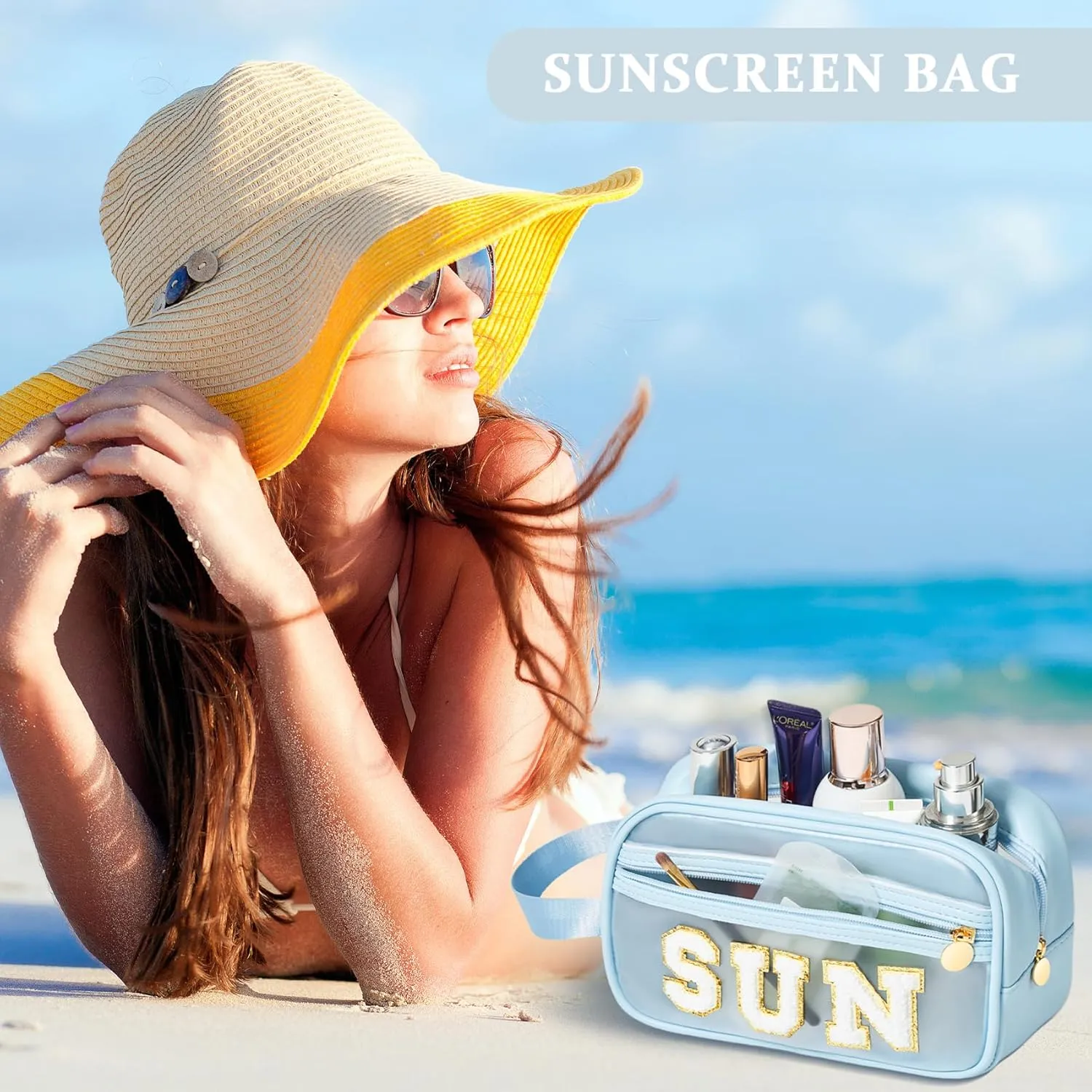COSHAYSOO Clear Sunscreen Bag Makeup Toiletries Pouch Beach Vacation Essentials Summer Travel Stuff Accessories Personalized Graduation Gifts for Her Women College Teen Girls Teacher Nurse Blue SUN