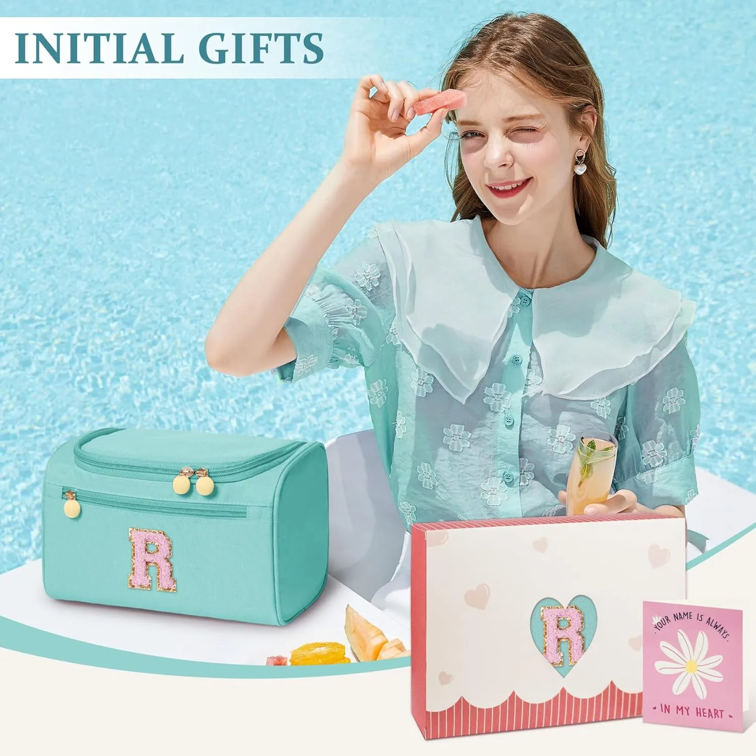 COSHAYSOO Thoughtful New Mom Gifts for Women First Time Mothers Day Present Self Care Spa Gifts Travel Toiletry Weekender Bag, Initial Traveling Toiletries Skin Care Items Organizer Teal Blue Letter R