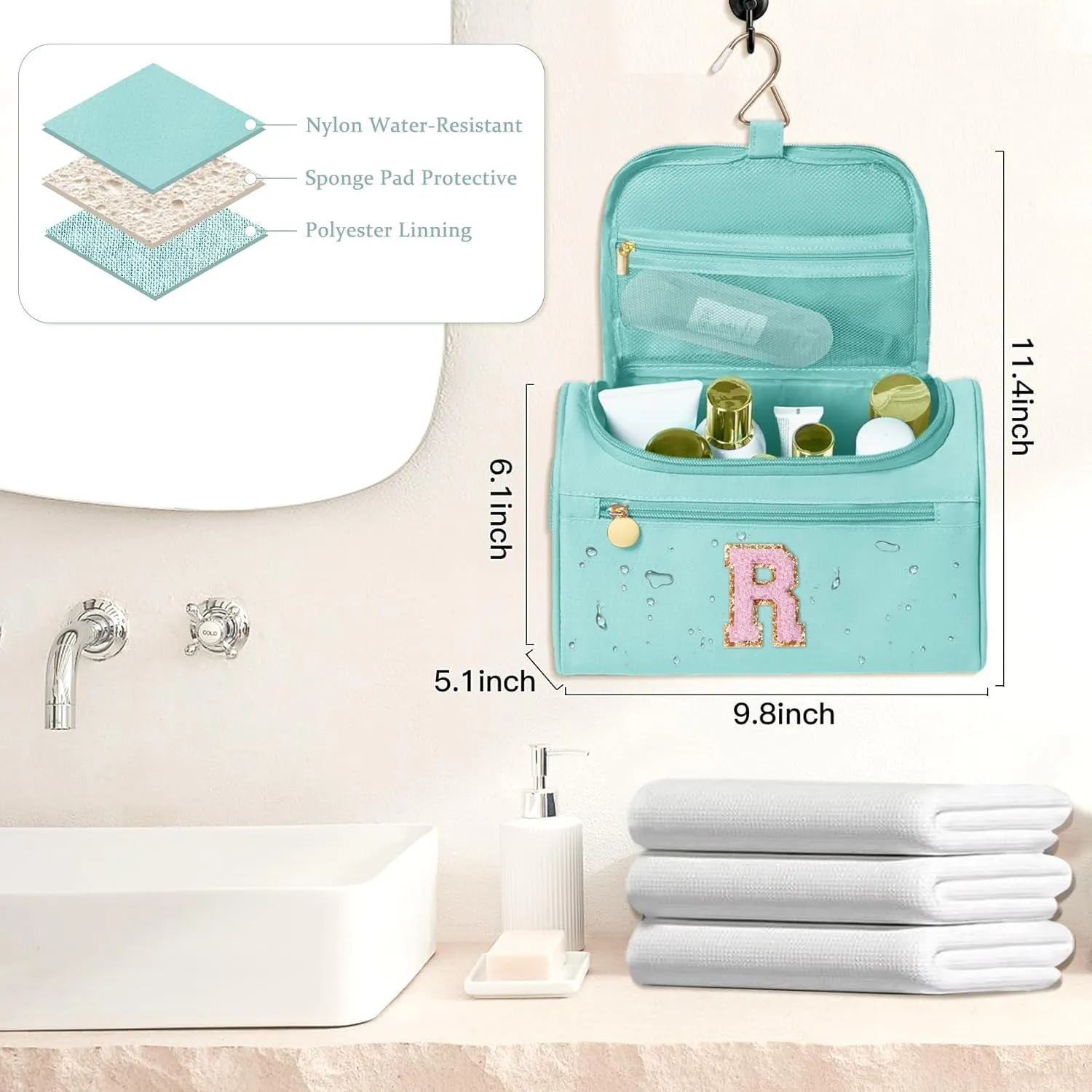 COSHAYSOO Thoughtful New Mom Gifts for Women First Time Mothers Day Present Self Care Spa Gifts Travel Toiletry Weekender Bag, Initial Traveling Toiletries Skin Care Items Organizer Teal Blue Letter R