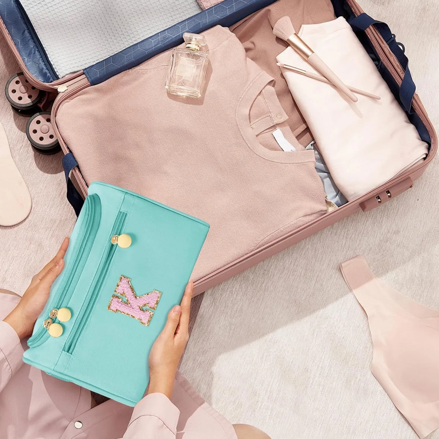 COSHAYSOO Thoughtful New Mom Gifts for Women First Time Mothers Day Present Self Care Spa Gifts Travel Toiletry Weekender Bag, Initial Traveling Toiletries Skin Care Items Organizer Teal Blue Letter R