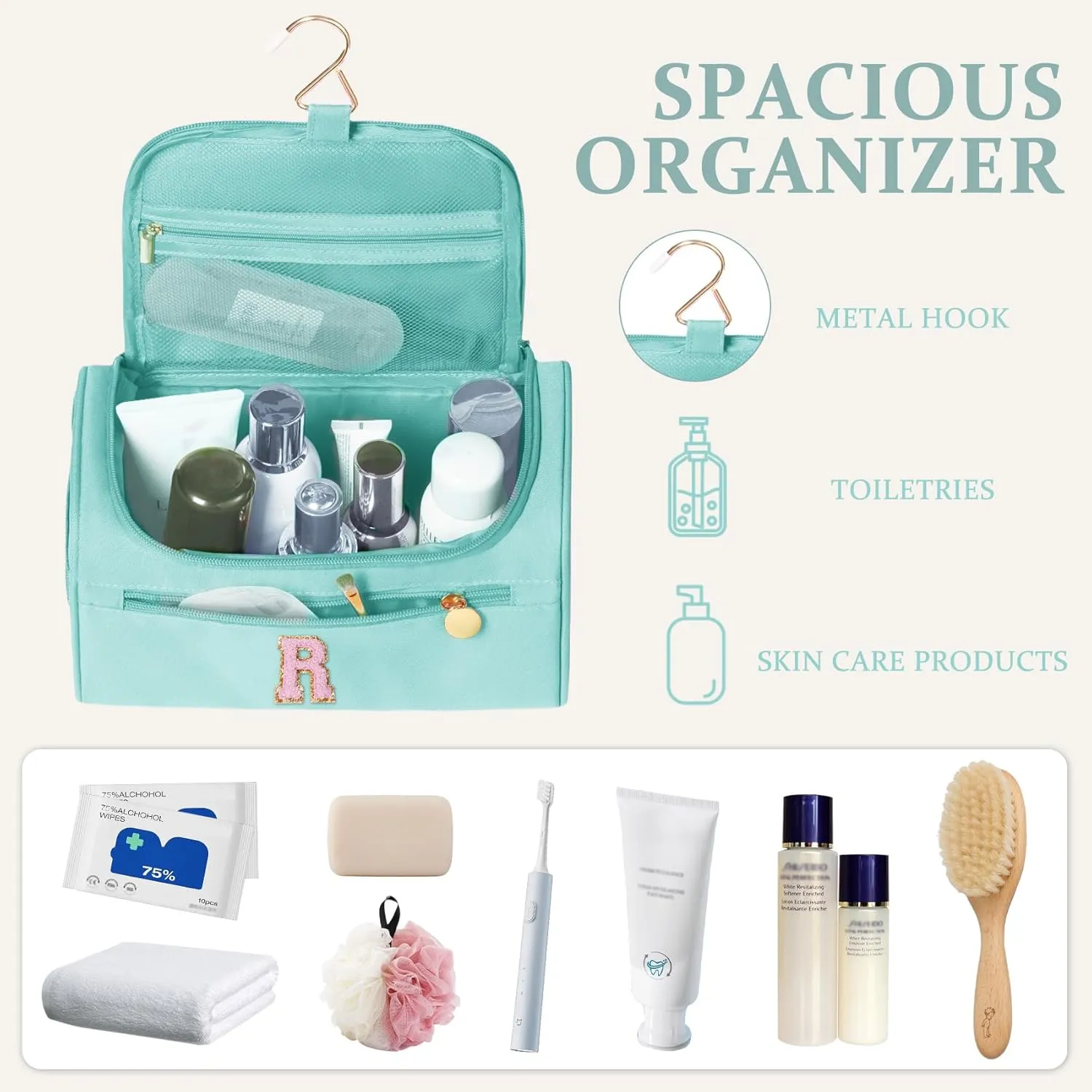 COSHAYSOO Thoughtful New Mom Gifts for Women First Time Mothers Day Present Self Care Spa Gifts Travel Toiletry Weekender Bag, Initial Traveling Toiletries Skin Care Items Organizer Teal Blue Letter R