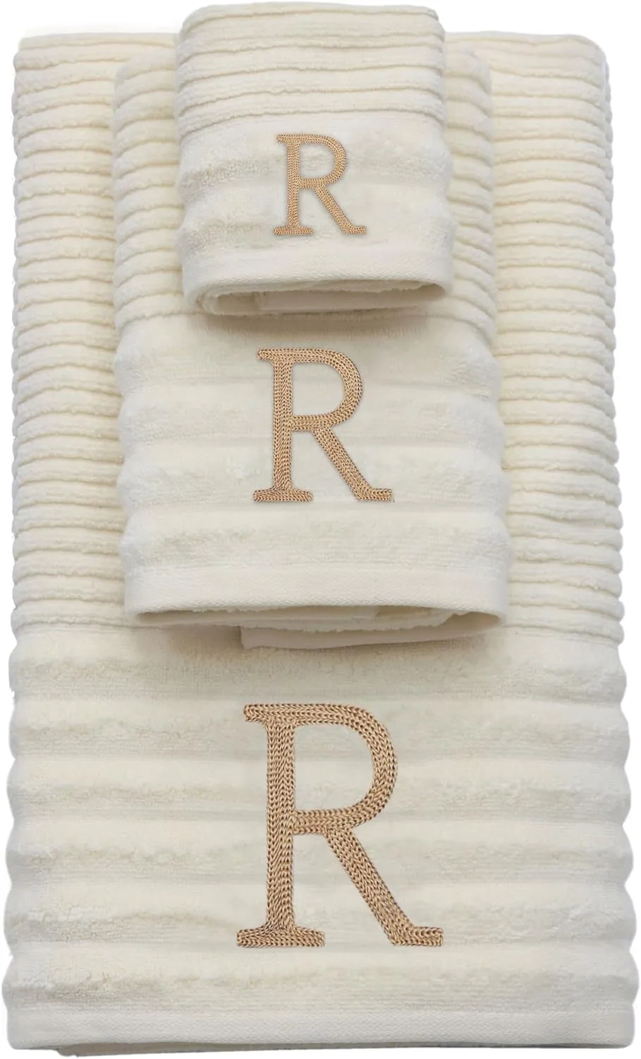 COTTON CRAFT Monogrammed 3 Piece Towel Set - 100% Cotton - Plush 600 GSM Sculpted Ribbed Super Zero Twist Bathroom Set - 1 Each of Bath, Hand, and Wash Towels - Soft Absorbent Luxury - Ivory R