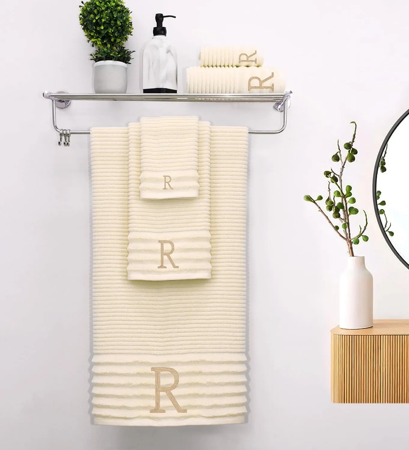 COTTON CRAFT Monogrammed 3 Piece Towel Set - 100% Cotton - Plush 600 GSM Sculpted Ribbed Super Zero Twist Bathroom Set - 1 Each of Bath, Hand, and Wash Towels - Soft Absorbent Luxury - Ivory R