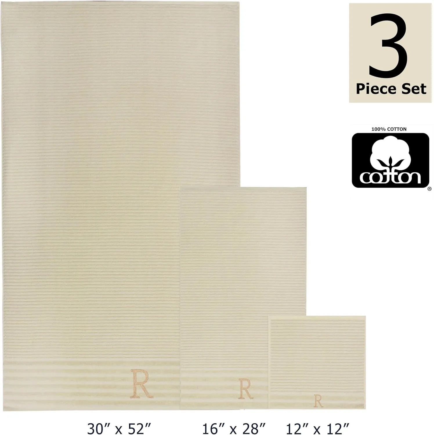 COTTON CRAFT Monogrammed 3 Piece Towel Set - 100% Cotton - Plush 600 GSM Sculpted Ribbed Super Zero Twist Bathroom Set - 1 Each of Bath, Hand, and Wash Towels - Soft Absorbent Luxury - Ivory R