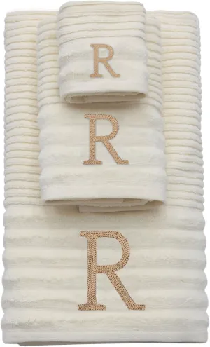 COTTON CRAFT Monogrammed 3 Piece Towel Set - 100% Cotton - Plush 600 GSM Sculpted Ribbed Super Zero Twist Bathroom Set - 1 Each of Bath, Hand, and Wash Towels - Soft Absorbent Luxury - Ivory R