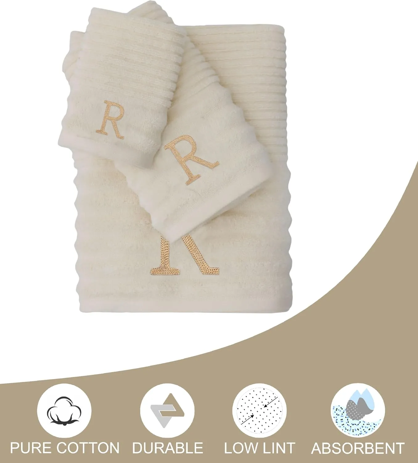 COTTON CRAFT Monogrammed 3 Piece Towel Set - 100% Cotton - Plush 600 GSM Sculpted Ribbed Super Zero Twist Bathroom Set - 1 Each of Bath, Hand, and Wash Towels - Soft Absorbent Luxury - Ivory R