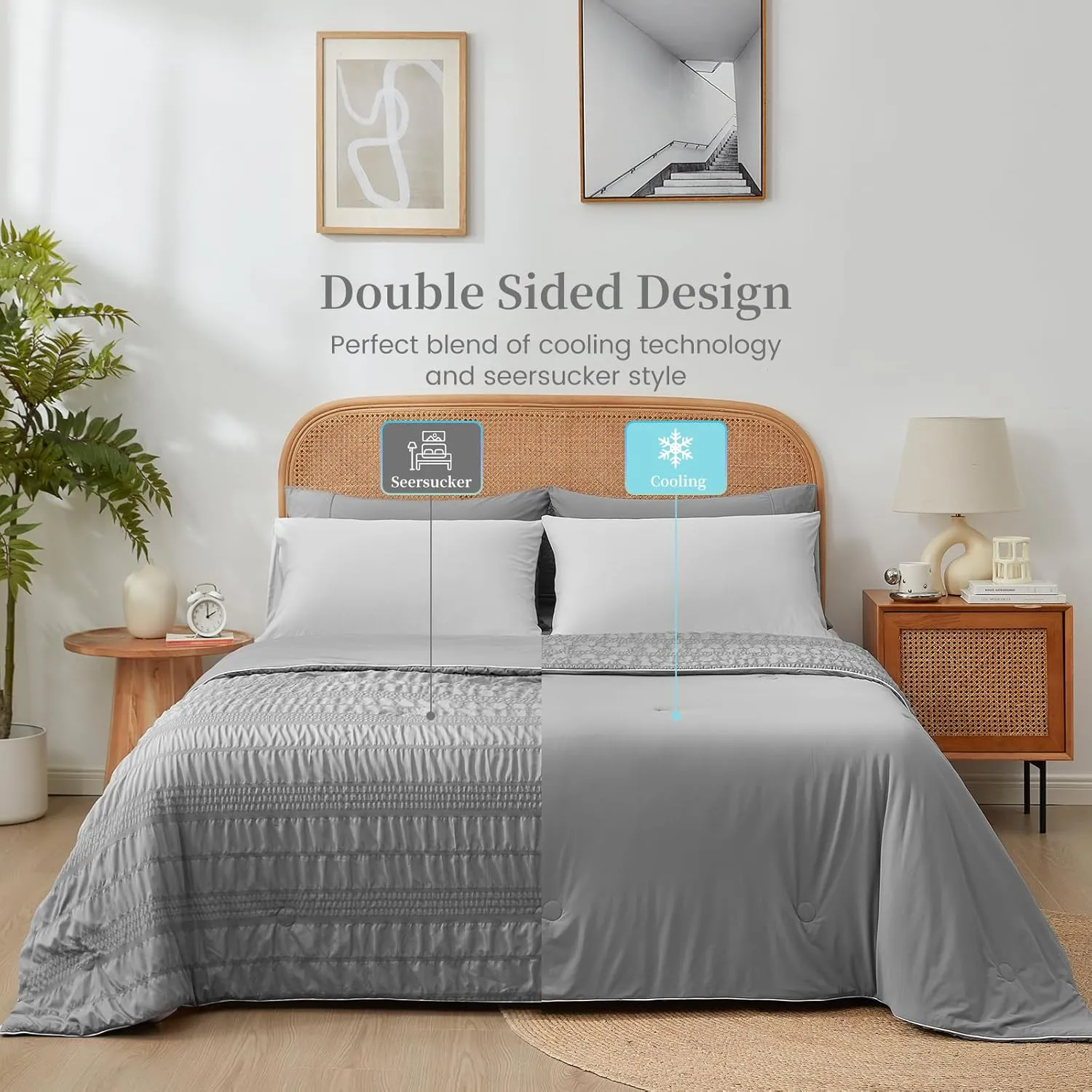 Cozy Bliss Seersucker Cooling Comforter Queen Size, Q-Max 0.4 Reversible Lightweight Cooling Blanket, Breathable Silk Smooth Summer Bedding Quilt for Hot Sleepers Night Sweats Dark Grey