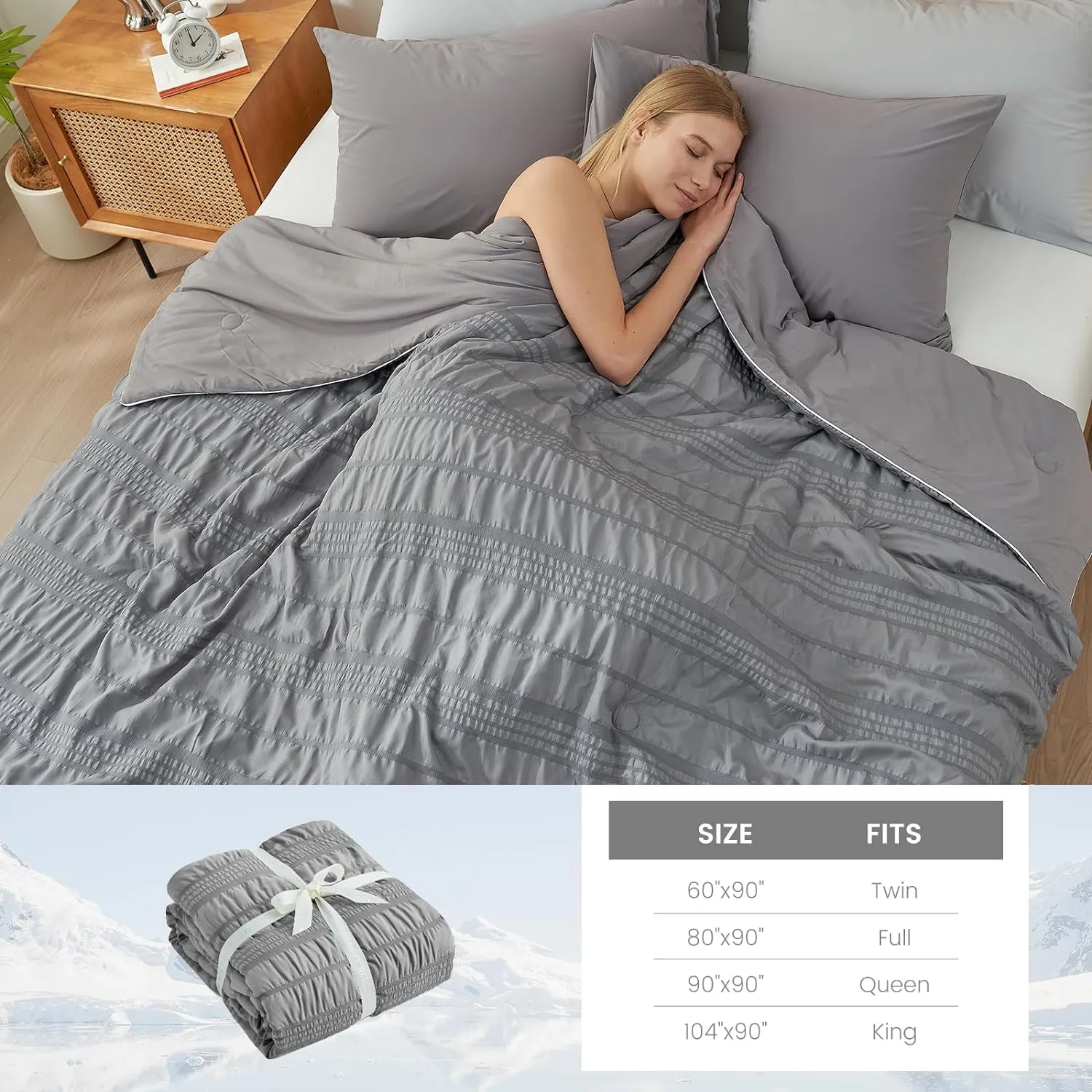 Cozy Bliss Seersucker Cooling Comforter Queen Size, Q-Max 0.4 Reversible Lightweight Cooling Blanket, Breathable Silk Smooth Summer Bedding Quilt for Hot Sleepers Night Sweats Dark Grey