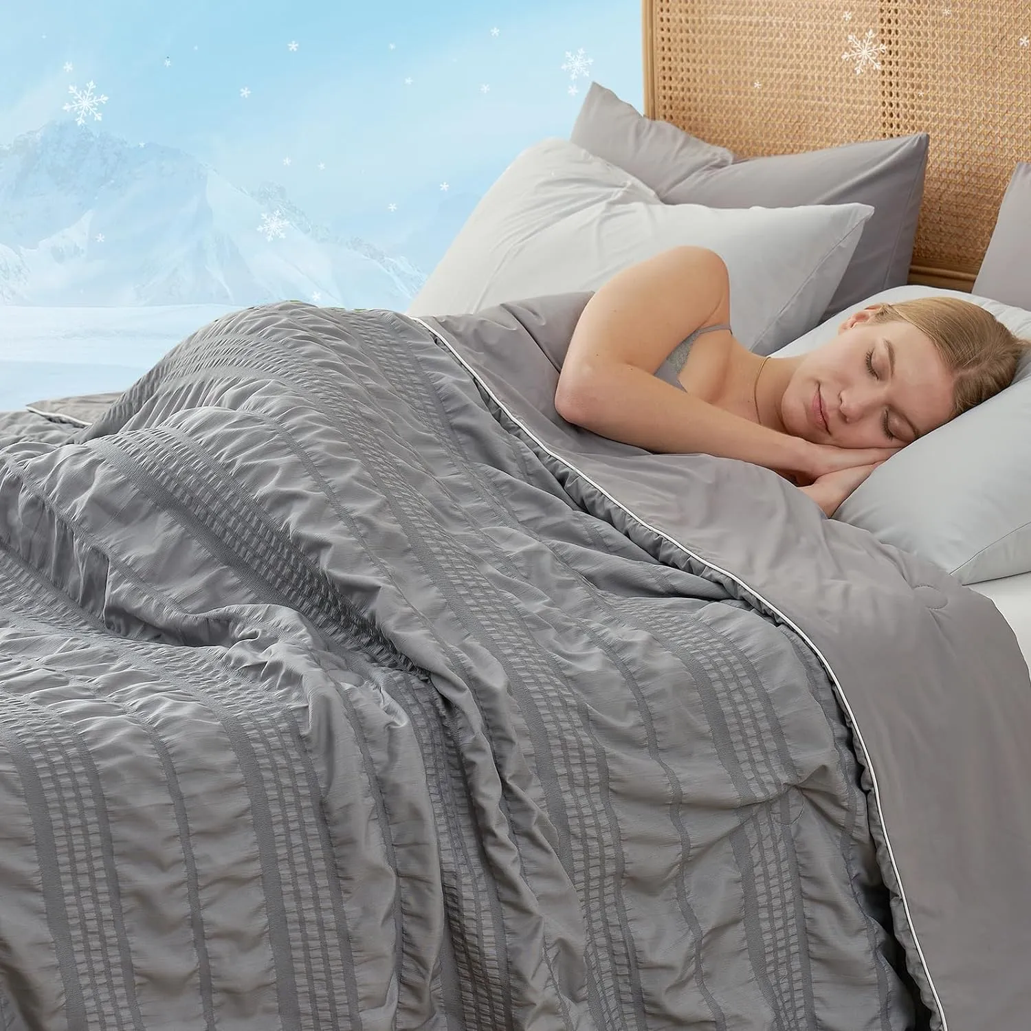 Cozy Bliss Seersucker Cooling Comforter Queen Size, Q-Max 0.4 Reversible Lightweight Cooling Blanket, Breathable Silk Smooth Summer Bedding Quilt for Hot Sleepers Night Sweats Dark Grey