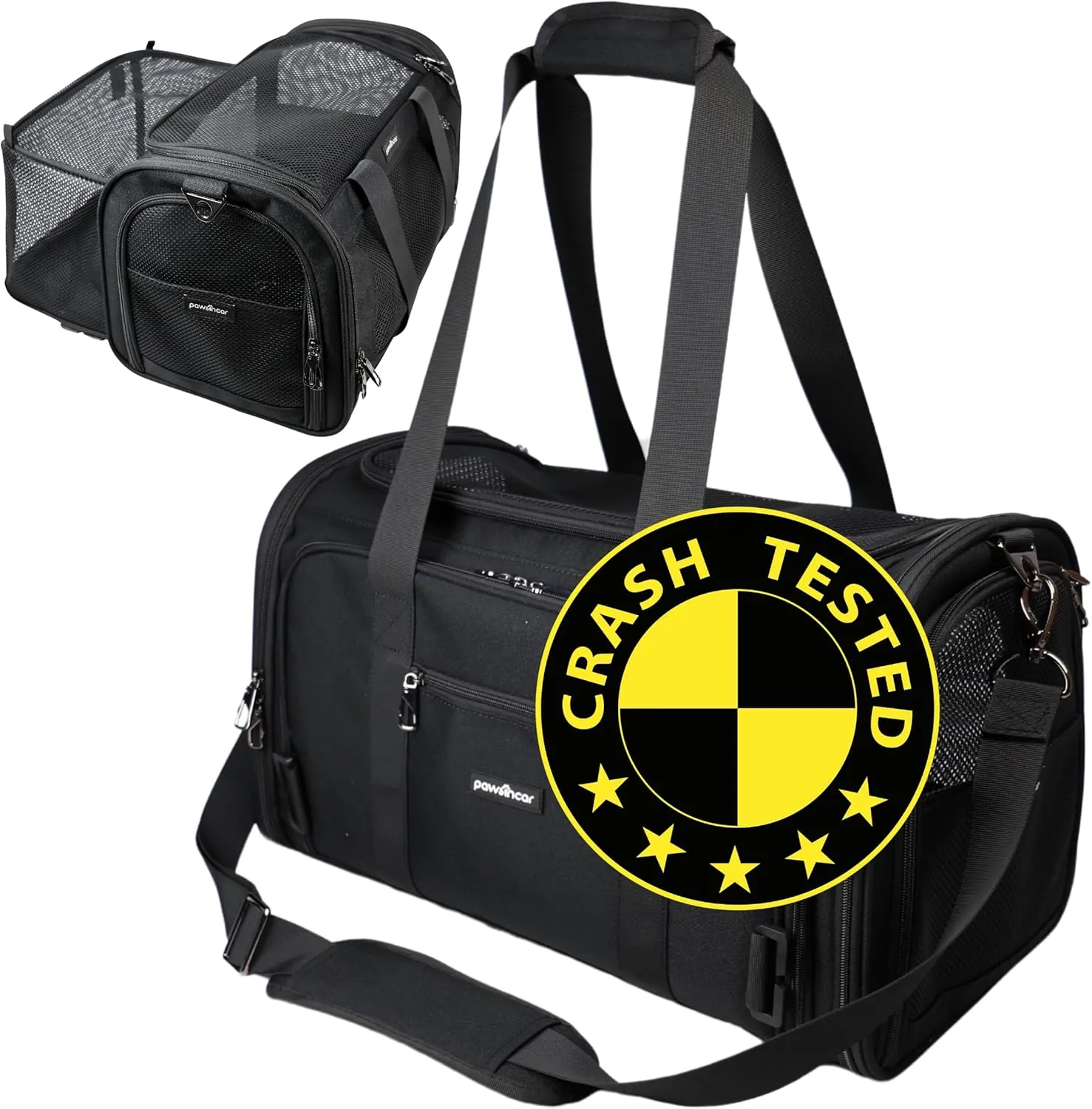 Crash-Tested Dog Carrier | 3-in-1 Puppy Car Seat, TSA Airline Approved Pet Carrier, Expandable Dog Carriers for Small Dogs | 5-Star Safety-Rated Cat Bag (Soft Sided) - Best for Safe Travel (Black,M)