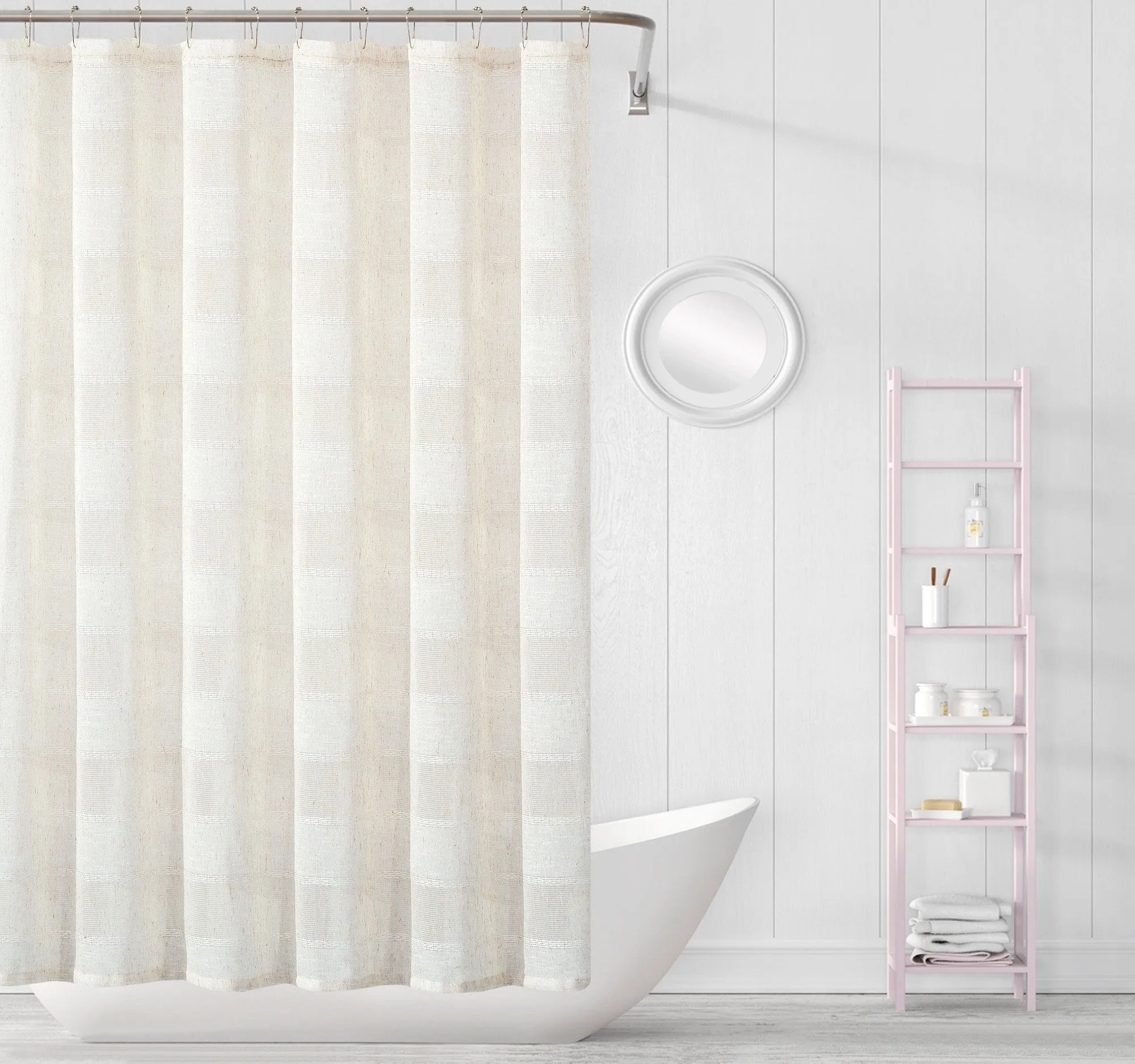 Cream Striped Embroidered Shower Curtain