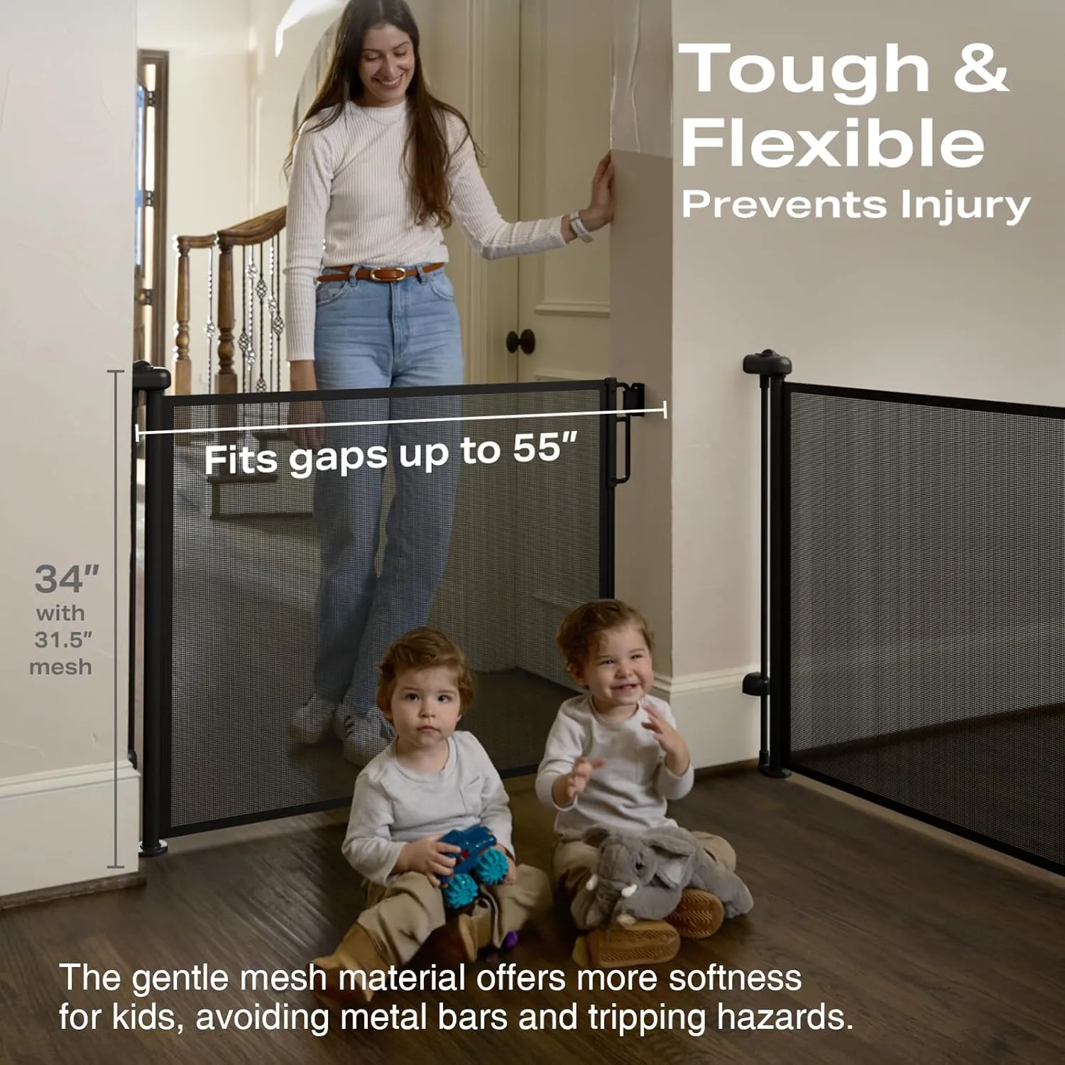 Cumbor 2-Pack Retractable Baby Gates for Stairs,55" Wide Soft Mesh Baby Gate for Dogs with One Hand Opening, 34" Tall Toddler Gate with Child-Proof Top Lock for Bedroom,Indoor/Outdoor, Black