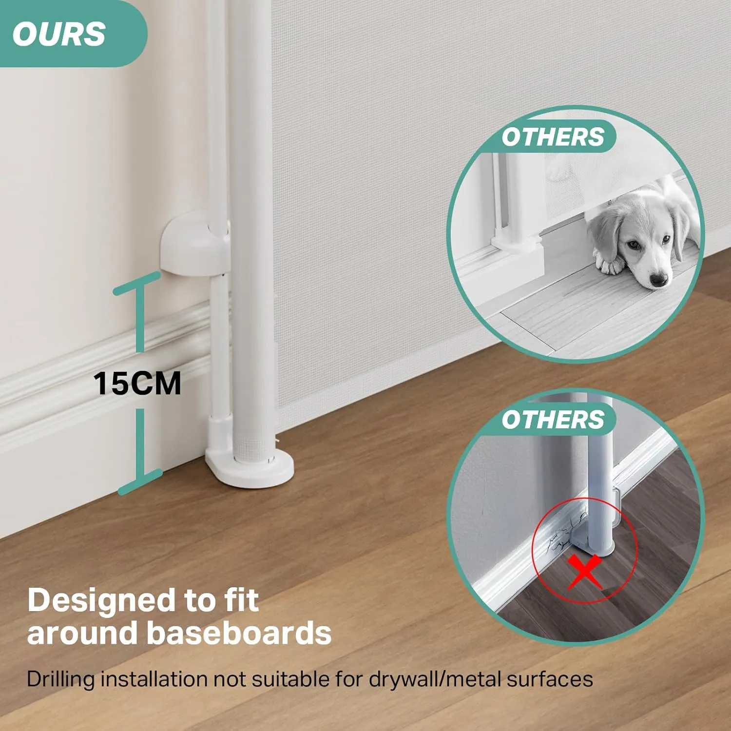Cumbor 55" Wide Retractable Baby Gates for Stairs, Mom's Choice Award-Mesh Pet Gate for Dogs, Puppy Safety Essential Fit for Baseboards, Toddler Gates for Doorways, Hallways, Indoor & Outdoor, White