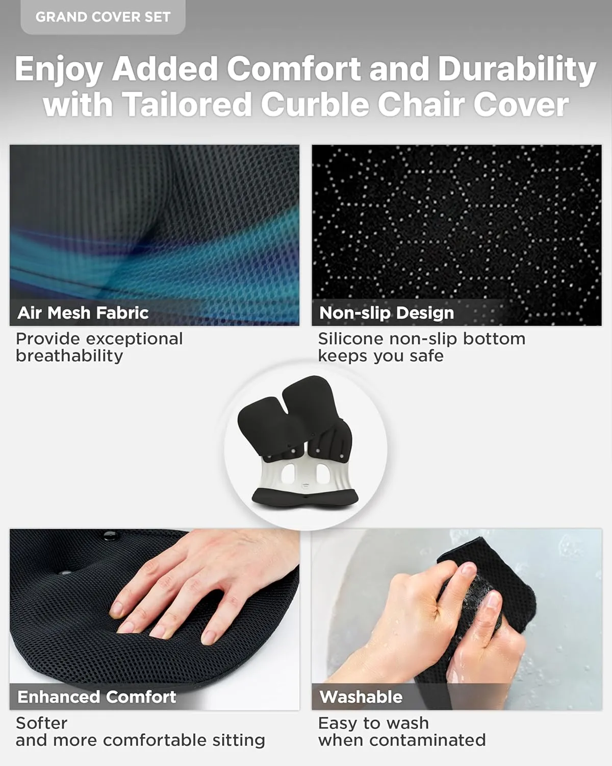 curble GRAND(Extra Wide&Sturdy) COVER SET – Ergonomic Back Support Chair with Detachable Cover, Lumbar Support for Posture Correction & Lower Back Pain Relief, Perfect for Home & Office(Set Black)
